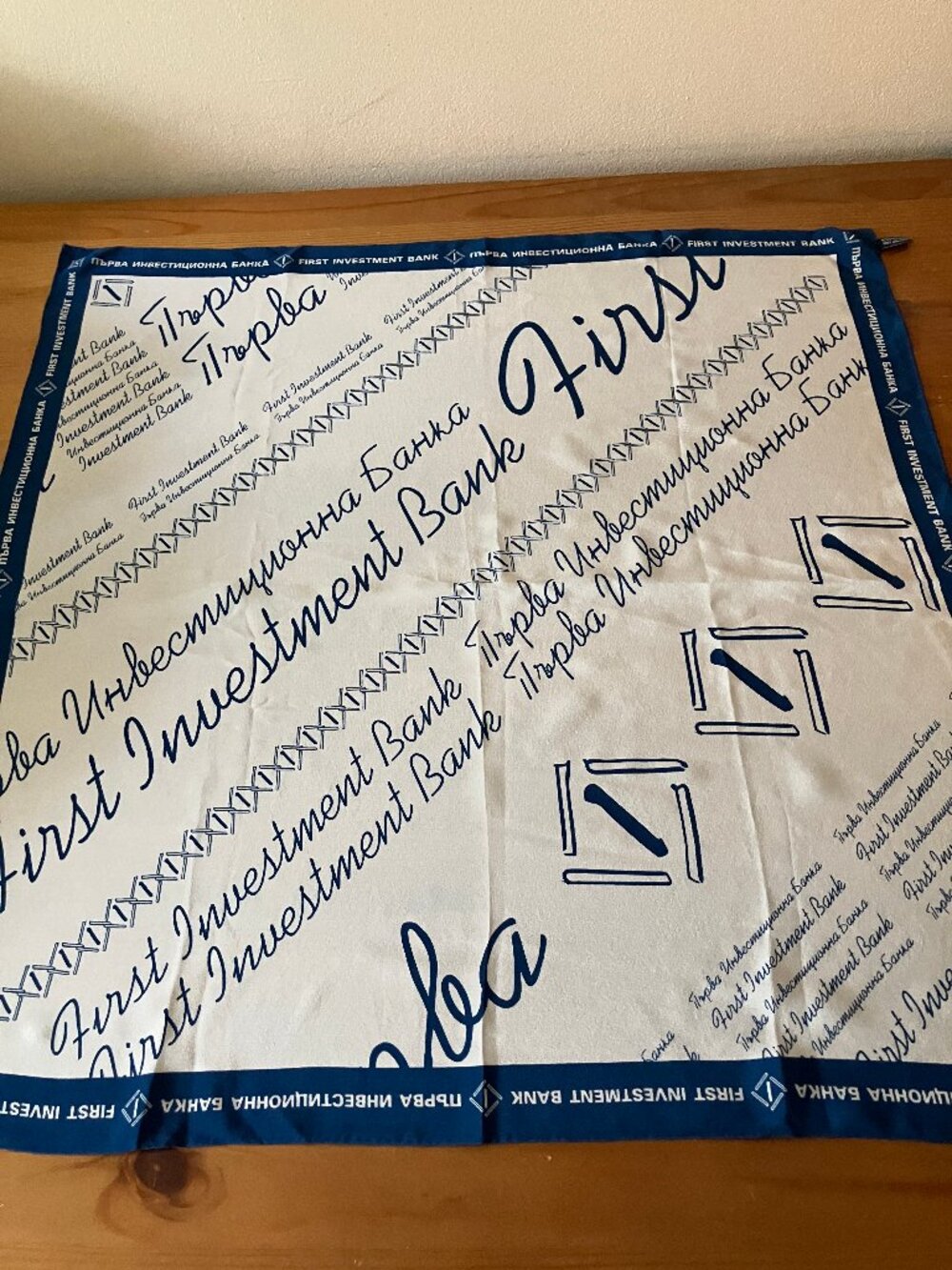 VTG 1990s Corporate Neck Scarf "First Investment Bank" White w/Blue print Silk